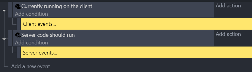 Une simple scène avec les conditions &quot;Démarrer code serveur&quot; et &quot; Démarrer code client&quot; dans des évènements séparés